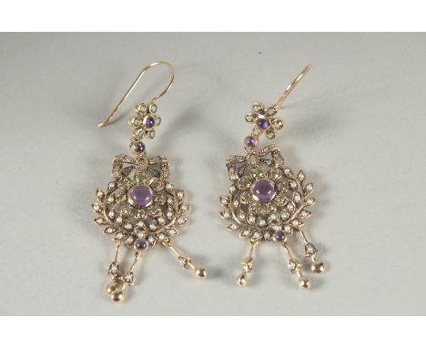 A PAIR OF 9CT GOLD DIAMOND, AMETHYST, PERIDOT AND PEARL SUFFRAGETTES COLOURED EARRINGS.