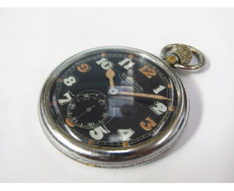 A WWII Jaeger LeCoultre open faced pocket watch with black Arabic luminous dial and subsidiary seconds, case back with broad 