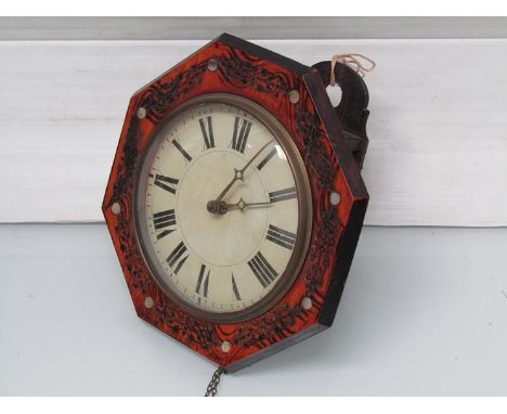 A Victorian postmans alarm clock with painted Roman wooden dial, striking a bell, pendulum and weights