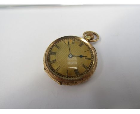 An early 20th Century 18ct gold fob watch with highly engraved decoration to case, gilded and engine turned Roman dial