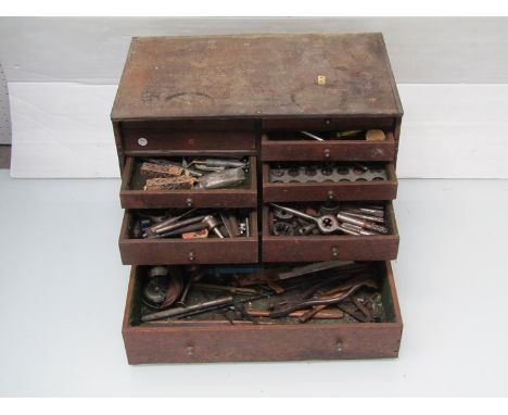 An engineers chests with contents including horological tools 
