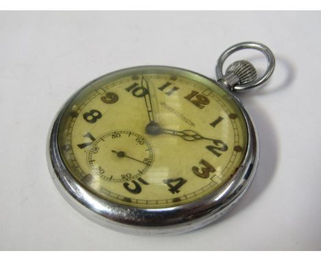 A WWII Jaeger LeCoultre steel cased open faced pocket watch, Arabic luminous dial with subsidiary seconds, case back inscribe