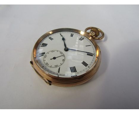A 9ct gold open faced pocket watch with engine turned case back, Roman enamelled dial with subsidiary seconds 