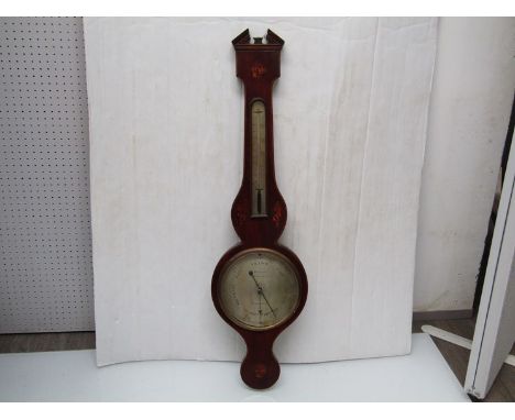 A 19th Century mahogany 8" wheel barometer with long moulded thermometer box, dial signed Molinari, Halesworth