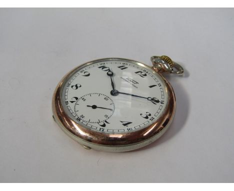 A Tissot Antimagnetique steel and gold plated open faced pocket watch with engine turned case, Arabic enamelled dial with sub