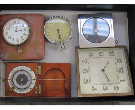 A base metal drum cased stopwatch, compass, travel clock and desk timepieces (5) 
