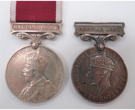 Regular Army Long Service and Good Conduct Medals consisting King George V example with Regular Army bar. Named ""765805 WO. 