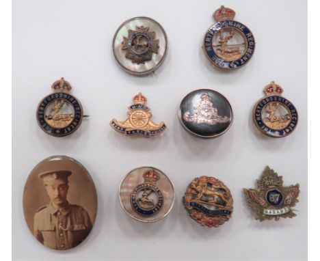 WW1 Period Military Sweetheart Lapel Badges consisting gilt and enamel 87th Grenadier Guards Canada ... Silver and shell HAC 