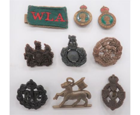 WW2 Plastic Economy Cap Badges consisting KC Royal Marines ... Queens ... Hampshire ... KC RAF ... KC General List ... KC REM