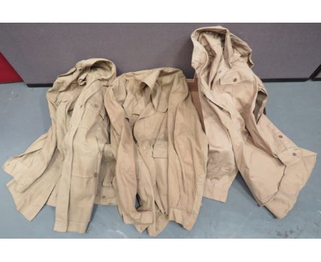 Three WW2 Pattern Tropical Bush Jackets consisting khaki, Aertex example. Pleated chest pockets and lower bag pockets ... Sim