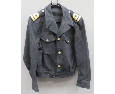 WW2 Royal Navy Officer's Working Battle Dress Jacket dark blue, open collar , short jacket. Patch chest pockets with buttoned