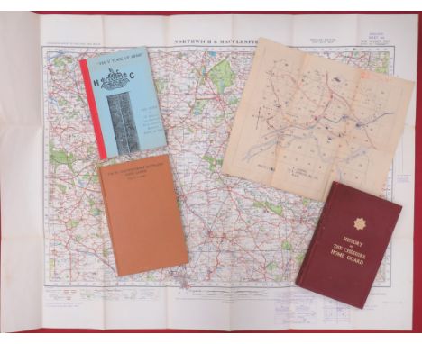 Home Guard Books consisting History Of The Cheshire Home Guard printed 1950. Together with A War Revised 1940 Map Northwich a