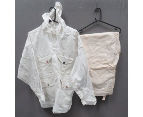 WW2 British Army Camouflaged Snow Smock and Trousers white, pull over smock with hood. Pleated chest pockets and lower patch 