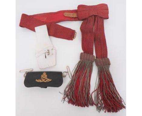 Officer's Dress Waist Sash maroon and silver waist sash with matching tassels. Together with patent leather pouch with gilt, 