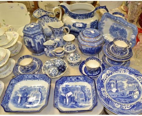 Blue and White pottery - a blue and white Italian pattern oversized jug; a Ringtons tea caddy, another; Spode Italian pattern