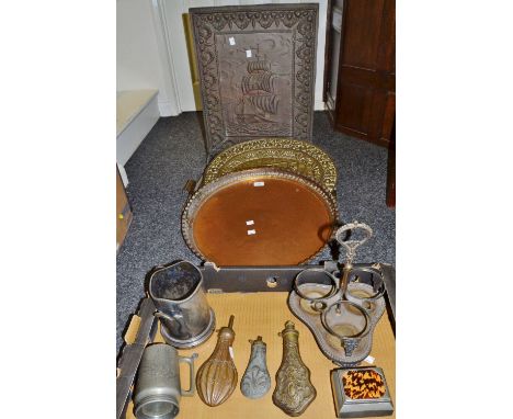 Metalware - a Persian wall hanging charger a copper firescreen, panel with image of a galleon; brass trays, powder flask, pew