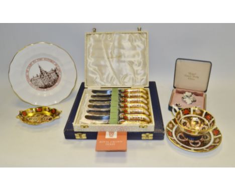 Royal Crown Derby - an 1128 pedestal  cup and saucer;  a shaped oval trinket dish;  a cased set of dessert knives and forks; 