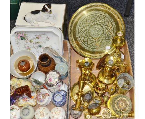 Household - a pair of brass ejector candlesticks;  others; a Leonardo collection Jack Russell; trinket dishes, glass paperwei