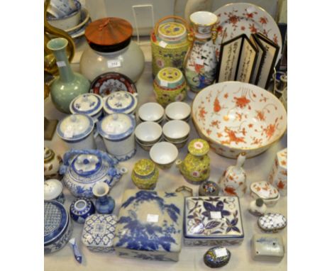 Oriental Ceramics - Famille Jaune tea kettle, tea bowls; Japanese porcelain ware bowl, white ground decorated in lotus flower