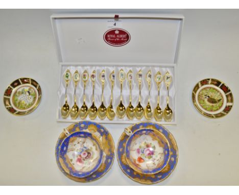 A Royal Crown Derby Rabbit pin tray;  another, Blue Tit;  a Zachariah Boyle cups and saucers, c.1835;  a set of twelve Royal 