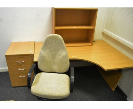 Office Furniture - a contemporary corner desk; filing cabinet;  shelf unit and swivel office chair (4)