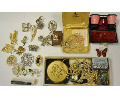 Ladies Ephemera - a pair of bakelite pink and black opera glasses; Stratton compact; seed pearl necklace; Marcasite brooches;