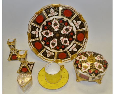 An Abbeydale Chrysanthemum pattern shaped circular tray, an octagonal trinket box and cover;  a pair of candlesticks;  a Lynt