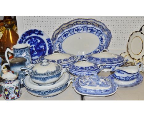 Blue and White Ceramics - tureen and ladle CWS Eric Coop Society,  water jug,  meat plates, gravy boat, a Fenton stoneworks c
