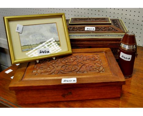 Boxes and Objects - a cedar wood jewellery box;  B.J Radford, framed watercolour; stacking  stainless steel cups ; a stained 