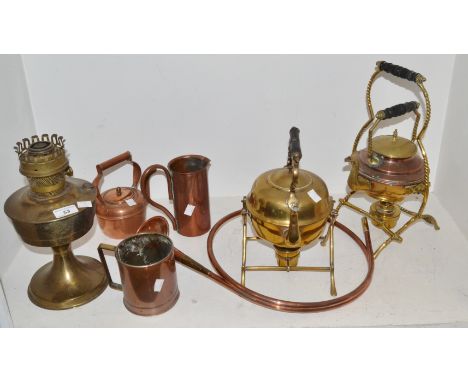Metalware - a miniature copper kettle; brass teapot on stand; copper grain measure, copper hunting horn; etc (7)