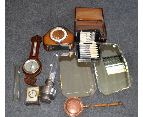 Boxes and Objects - a mantel clock, trio winding holes, Roman numerals c.1930s; an oak banjo barometer; Aladdin oil lamp, two