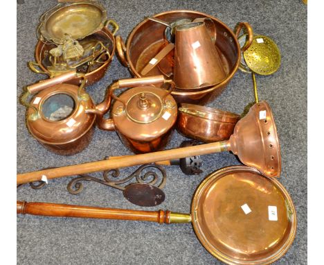 Copper and Brass - a copper warming pan; a copper ponch, a copper kettle, another; a copper saucepan, a copper and brass cola