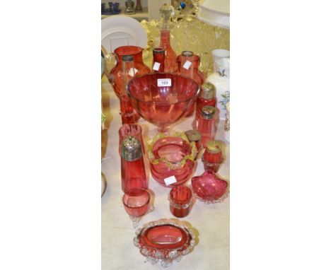 Cranberry Glass - a cranberry glass ewer, decanter, salts, sugar sifter;  etc qty 