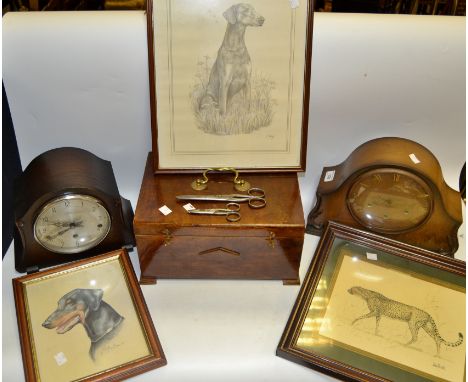 A 1930's sewing box; a mantel clock, another; framed prints