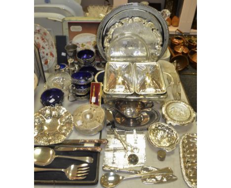 Plated Ware - a large serving tray,others; a silver trinket box, London 1990; entree dishes; toast rack, cutlery, etc qty  