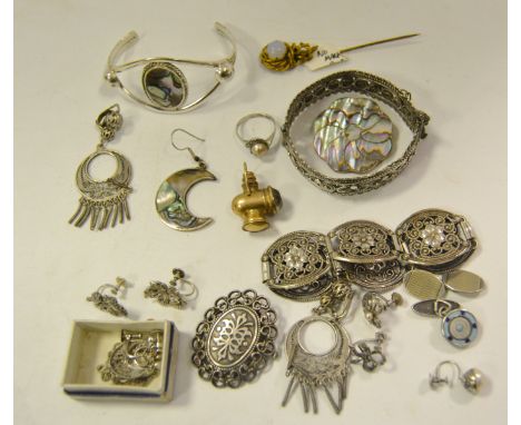 Jewellery - a white metal & abalone bangle;  a white metal bangle;  a bracelet,  filigree earrings, others, a rolled gold tie