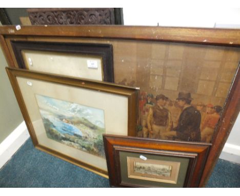 A collection of watercolours and prints to include a river landscape signed etching, by John Fullwood, a watercolour of Colwy
