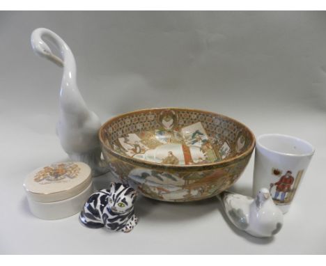 Decorative and collectable ceramics to include a Japanese Satsuma fruit bowl (at fault), Royal commemorative cups and glasses