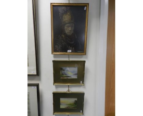 R H Jermain A pair of mountain lake landscapes, both signed, watercolours, each 12cm x 17cm (2) together with an inlaid tray 