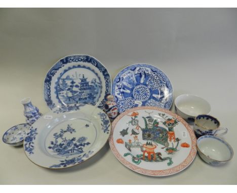 A group of Chinese blue and white porcelain to include soup plates, coffee cup, tea bowl and other items