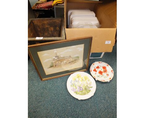 A box of collectors plates, print and waste paper basket