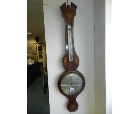 A George III mahogany boxwood and hare wood inlaid wheel barometer, the silvered dial signed 'B Barraschina' (for restoration