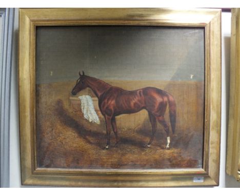 English school early 20th century, portrait of a bay hunter in a stable, indistinctly signed lower right, oil on canvas, 48cm