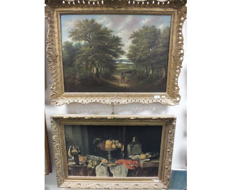 English school 19th century Traveller with his dog in a forest clearing, oil on canvas, 50cm x 70cm together with a reproduct