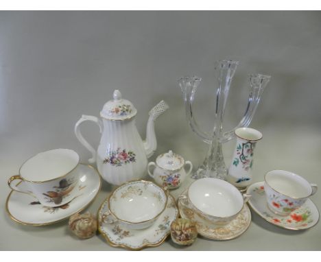 Decorative ceramics and tablewares to include a Colclough teaset, a group of Royal Crown Derby soup cups and saucers, cut gla