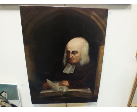 English school 19th century, portrait of a scholar reading a book in an alcove, oil on canvas, 71cm x 55cm