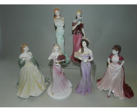 A collection of Wedgwood, Coalport, Royal Worcester and Royal Doulton figurines, four Royal Doulton miniature sized character