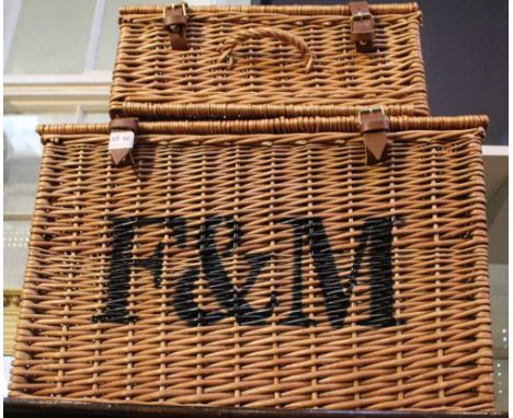 Two Fortnum &amp; Mason wicker hamper baskets, one large 57cm x 36cm x 38cm, and one smaller, 40cm x 25cm x 18cm (2)