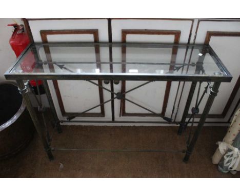 An ornate metal framed Pompidou console table with glazed top &amp; column supports with ornate X stretcher&nbsp;103cm wide x