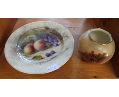 A Royal Worcester bone china globular vase, painted with a scene of "Edgar Tower Worcester" 7cm high, together with a plate, 
